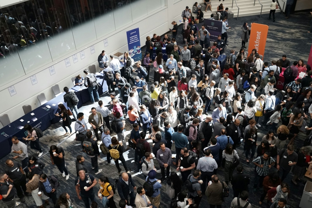 join trade shows, crowd of people in building lobby