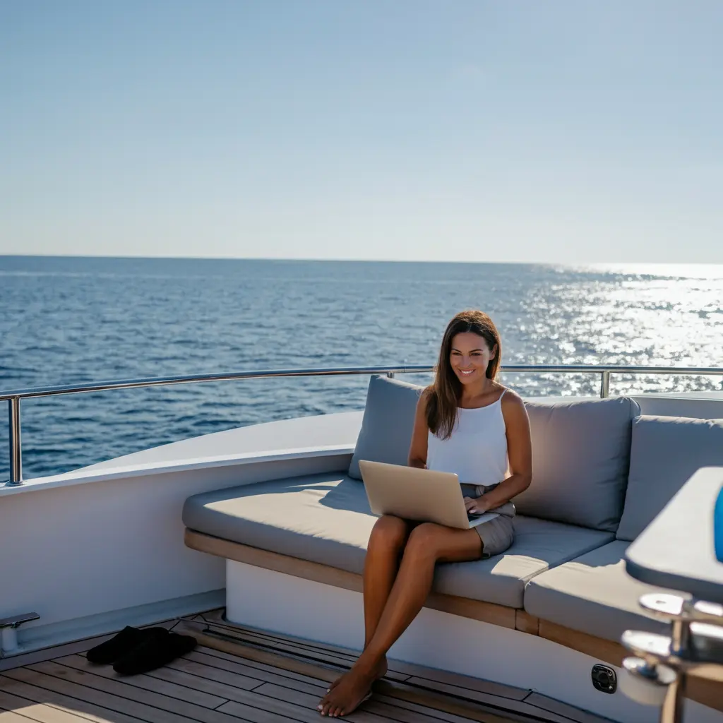 Lisa, a former corporate professional, working on a cruise boat while managing social media accounts, showcasing flexibility and success.