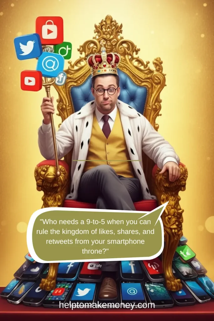 Humorous artwork of a person sitting on a throne made of smartphones, symbolizing how to get paid to manage social media accounts