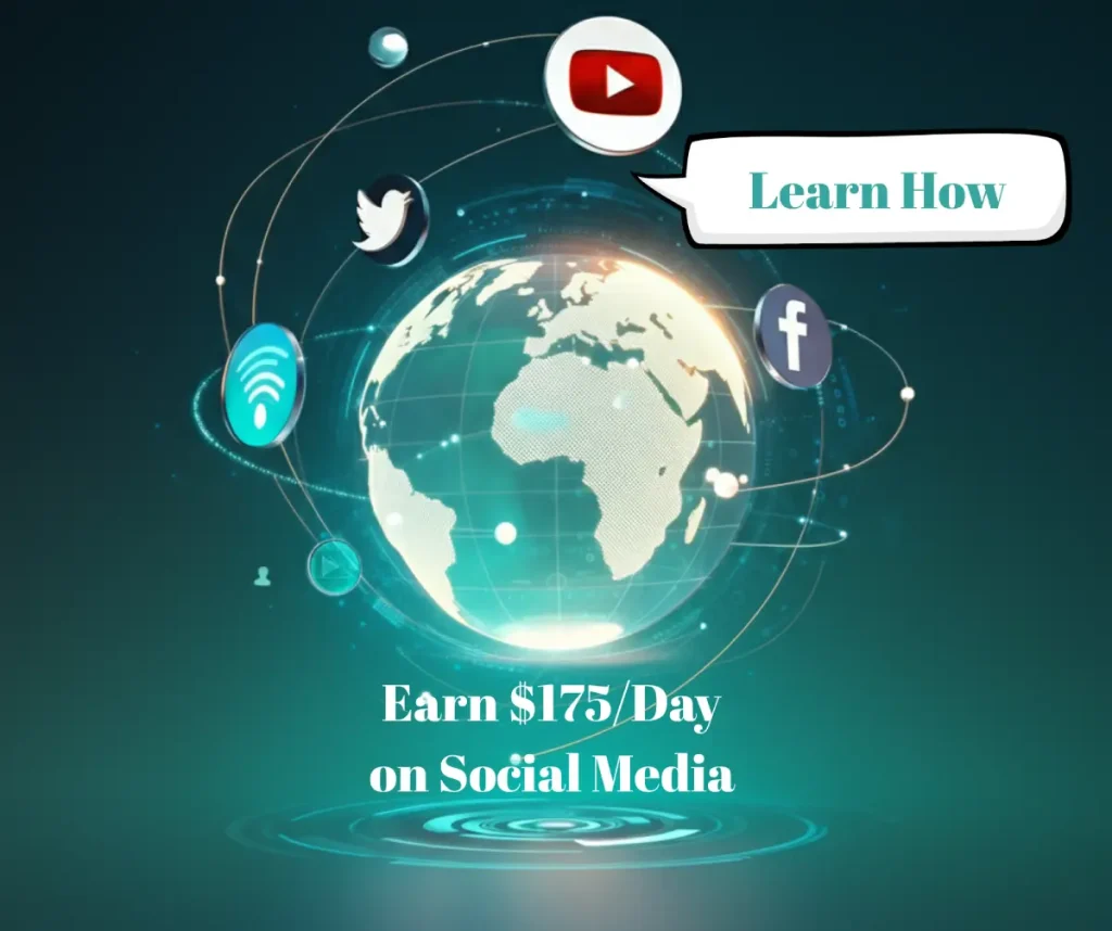 Illustration of managing social media accounts to earn money, featuring icons of Facebook, Twitter, and YouTube.